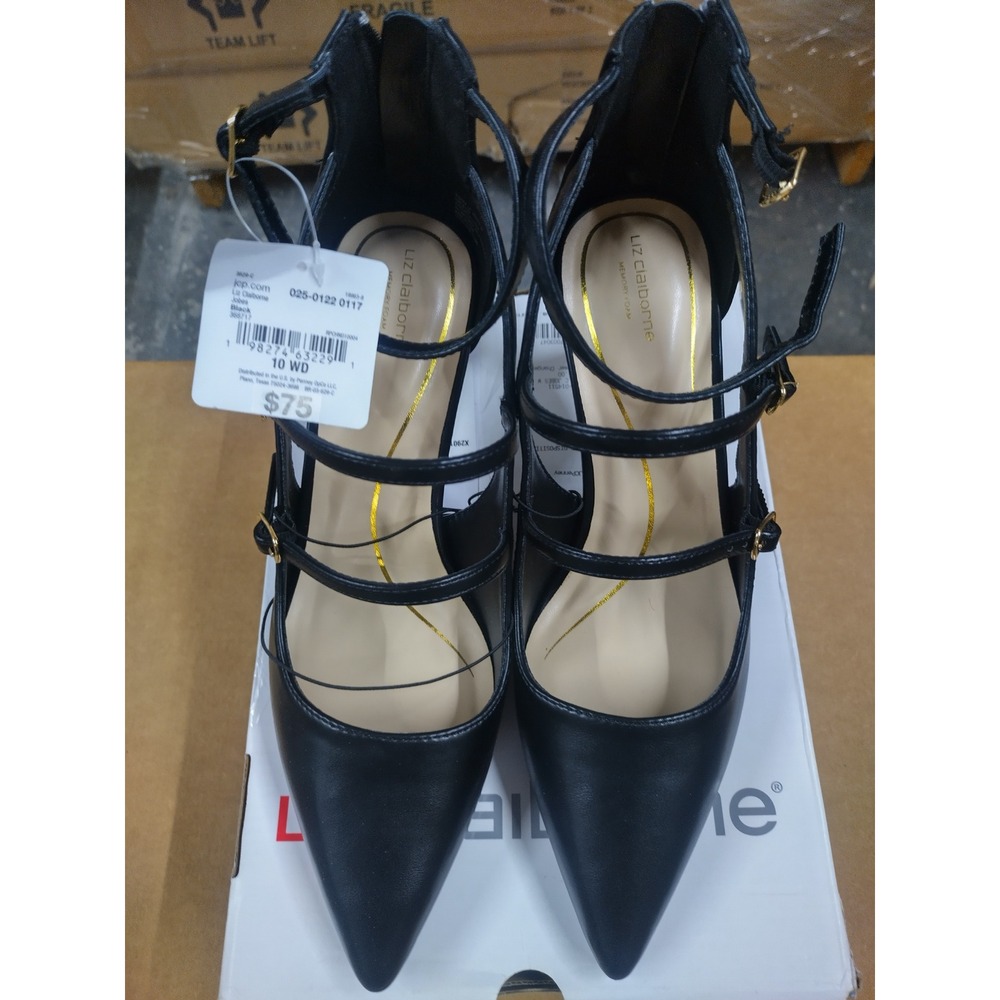Liz Claiborne Jobes Black Strappy Pointed Toe Pumps Heels 10W Wide Width New